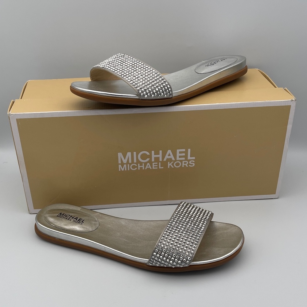 Michael Kors Women's Shoe Eleanor Slide Satin Silver Size 5 M US